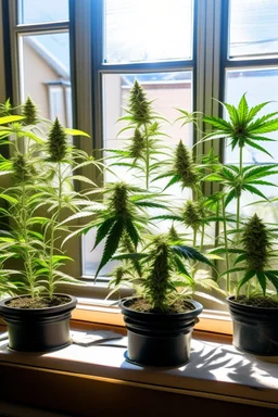marijuanas plants on a windowsill on a sunny day