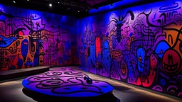 A purple cybernetic realm designed in native American petroglyphs painted by Joan Miró