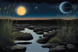 Dark blue sky with one exoplanet in the horizon, rocks, puddle, weeds, 2000's sci-fi movies influence, epic, ernest welvaert, and friedrich eckenfelder impressionism paintings