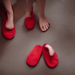 habitación con luz roja, con zapatillas sucias en el suelo