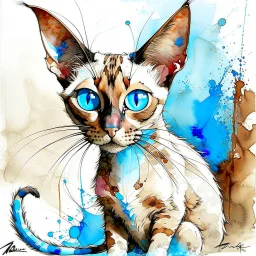 Small cursive signature Meezer3 (transparent white) in the lower right corner, delicate and integrated into the painting. Oriental shorthair Siamese chocolate point cat with vivid blue eyes. art style. Mixture of techniques. Scratched paint, peeling paint, dry brush, watercolor washes, ghost image details, blotted paint areas. Mixed media; gouache, alcohol ink, oil crayon, conté crayon, pastel and collage. Colorful Concentric Rings of a polished Agate Slice. ChatGPT