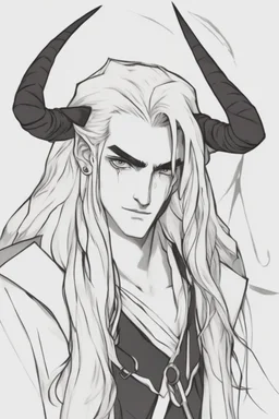 A dnd character portrait, a tiefling man with long hair and two long black horns that curve backwards, white eyes and pale skin. Handsome. Young.