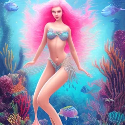 Underwater, Pink mermaid princess swimming, pink sea castle in background, magical