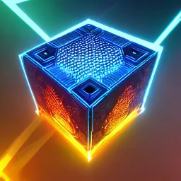 a blue metallic 4d cube inside a 4d orange rotating cube in a 4 dimension environment