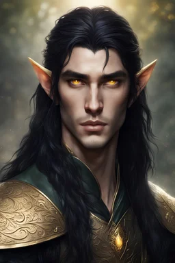 Young male elven warrior from ancient era, golden eyes. Long black hair. With a serene look.