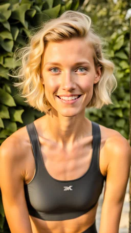 anorexic beautiful girl, age 21, total shot, short anthracite triathlon swimsuit, blonde wavy bob haircut, blurred background