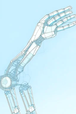 Draw mechanical arm drawing scientific papers with slender flexible structure and flexible joint. The three-dimensional structure in the figure needs to be filled with color, and the background uses the light blue sky composition.