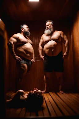 full body shot photography, two muscular chubby ugly burly marocan men , sweat, bulge, masculine hairy 45 year old man, curly hair, manly chest, curly beard ,big shoulders, big arms, big legs, bulge,, ambient occlusion , lying down sleeping in a steamy Sauna, super high resolution, 8k, dim light, side light, ultra hyper realistic, frontal view