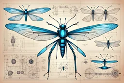 Hand drawn technical illustration , with detailed blueprints and engineering schematics of a robotic dragonfly, with highly detailed features, drawings, and technical notation, 8k, vibrant natural colors