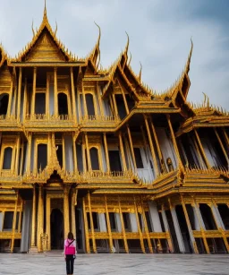 A woman stands in front of a grand palace, her eyes wide with wonder as she takes in the stunning architecture and ornate details.