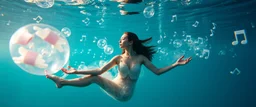 true yoga mind bending bubble gum as a young woman floating transparent music notes in the weirder universe in the ocean with the snail fish king