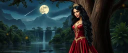 Hyper Realistic Beautiful Princess With Beautiful Long Black Hair, Wearing Her Royal Maroon Gown With Golden Embroidery Standing With A Tree In A Jungle Riverside With Beautiful Waterfall From Mountain With Full Moon Night And A Shooting Star Along With Fireflies Around Her Showing Dramatic And Cinematic Ambiance.