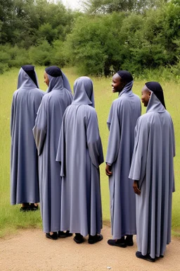 7 suore africane con tunica grigia giornata di sole precipizio fuori città , terra