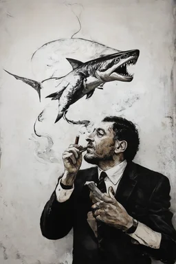 man with catfish shark head smoking a cigarrette in the style of banksy