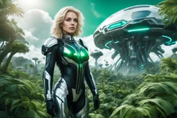 Wide angle photo of a sci-fi woman with blond hair, silver and black futuristic spacesuit looking android-like, standing on an alien jungle planet with cloud trees in multiple green hues