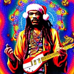 hippie JIMI HENDRIX Santa playing electric guitar, psychedelic, peace sign, MUSHROOMS, TRIPPY, ACID, LSD, dreadlocks