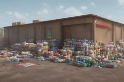can you please generate an image of supermarket design in a refugee camp that sells imported goods like clothes, bottled water, cleaning products ect