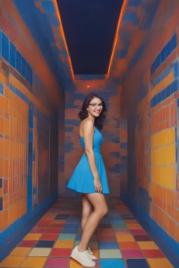 full body, head to toe - multicolored, neon lit, tiled floor - cat-eye framed eyeglasses - sky blue and navy blue gradated background -- multicolored, neon lit, tiled floor -- it's the 1950s - smiling 18-year-old Brianne Devereaux, big boobs, long, black hair, ponytail, blue eyes, short pleated plaid wool skirt, cotton blouse, a wool sweater, oxford shoes, and a neck scarf, professional quality studio 8x10 UHD Digital photograph, multicolored spotlight, Photorealistic, realistic stock photo,