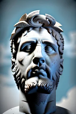 Ultra Realistic image, roman sculpture, white marble material, Lionel Messi, Laurel leaves wreath, miguel angel style, chisel style, emperador, waist up portrait, epic, celestial, cinematic lighting, God light, god rays, 4k resolution, smooth details, ornate details, soft lighting, unreal engine 5, sky and clouds background.