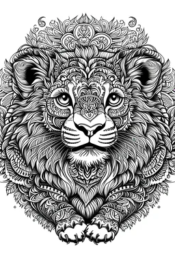 mandala lion cub : black and white with white background.