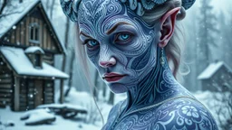 holographic simulation, xenobiotic alien beautiful old woman demon, scandinavian white tattoo on the beautiful body, super detailed face, blue eyes, against the backdrop of old dzherevyanny houses in the winter forest, falling snow in winter, professional photo, 4k, high resolution, high detail, close-up, octane, body art, patterns, lavender color, silver wire, artistic elven fantasy, filigree, dark botany, ultra detail, dark botany, photorealistic image