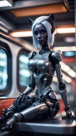 full body portrait of robotic dark elf panther drow princess chilling on top of a high speed train in the metro barber shop tool shed,bokeh like f/0.8, tilt-shift lens 8k, high detail, smooth render, down-light, unreal engine, prize winning