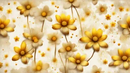 Hyper Realistic Beige-&-Yellow small-multicolor-flowers With Glowing Golden Embers On Off-White Grunge Background.