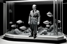 imitating black and white dioramas, man in three-piece suit, whose head has been replaced by a fish tank