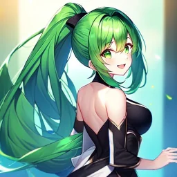 girl, masterpiece, best quality, volumetric lighting, detailed outfit, perfect eyes, green hair, green eyes, long hair, laughing, ponytail, looking back, black stockings,