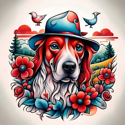 New School Tattoo Style, modern abstract color ideas, for minimalism perfect ilustracion in white backrounds, Enhanced shading, Bold and dynamic, "a Bullterier dog and flovers with long red hair in a hat with a wide open beak. In the background there is a farmyard and in the horizon tree tops. Significantly blurred background I have a pen tucked in my hat like a hunter. All for whites backrounds "