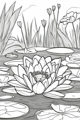 flowers coloring page for kids, water lily, cartoon style, thick outline, low details, no shading, no color