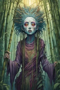 full color front facing full body portrait of a spirit possessed womanl with highly detailed hair and slim, narrow facial features, trekking through haunted mountain bamboo forest, pierced by shafts of early evening light , danger lurks everywhere but she is undeterred and resolute in her purpose, art in the style of spirited away, studio ghibli, Alex Pardee, 8k , finely detailed and precise line work, soft gauzy pastel colors