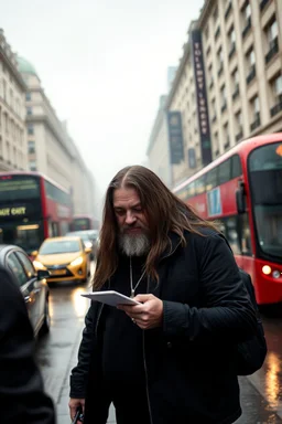 A stalker wants an autograph from a long-haired rock musician on a street in central London. The stalker is an overweight soon bald 25-year-old and looks a bit slimy, the atmosphere is oppressive and unpleasant, lot of traffic and london busses, hectic hour, a nice hotel, fog and rain