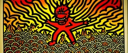 A light rosy orange colored volcano with chaotic fire painted by Keith Haring