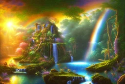 island waterfall jungle bubble spring sunset rainbow