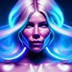 Sienna Miller, hyper realistic, retro futuristic, shaved hair, latex, gradient color, BLUE, PINK, CYAN, neon, insanely detailed, 16k resolution, perfect eyes, cinematic smooth, intricate detail