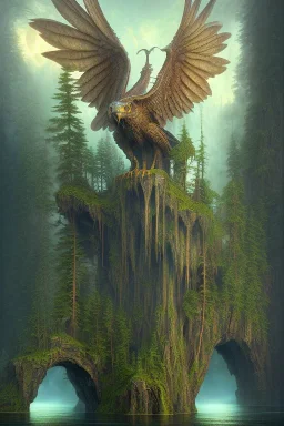 high-quality, fine-detail beautiful, black griffin, clear reflective lake, tranquil, stunning, 8k resolution, intricate, digital art, detailed matte, volumetric lighting, George Grie, Anne Dittman, Anne Stokes, Lisa Parker, Selina French, Alphonse Mucha