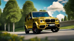 A sleek rear view of (((a cross of bmw and G-Wagon))), on street, with hill and trees around, a beautiful clouds and sunny weather, 4K, Superdetailed, No mistakes