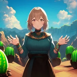 anime real life like cactus in the desert in arizona, grand canyon,anime, storm clouds in the background, prickly cactus.her hands