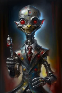 oil painting portrait of smirking robot vampire holding stiletto dagger, bokeh , high detail, smooth render, prize winning