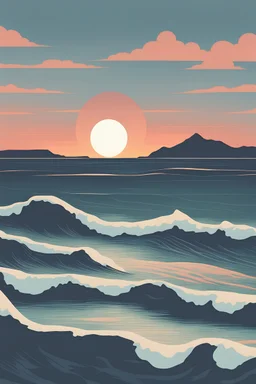 Create minimalist landscape artwork featuring serene scenes of sunsets at the high wave sea. Use clean lines and subtle gradients to convey depth and atmosphere while maintaining a minimalist style