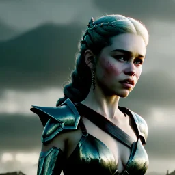 only perfect face detailed and realistic emilia clarke face, wearing dragon armor. fly hair, village, highly realistic, highly detailed, mist around, smoke, particles, fog and fire