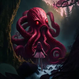 giant octopusgirl in the forest cliff enchanted, darkred tones, 8k, macro photography,