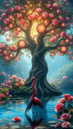 fabulous big magical beautiful tree with sparkling glowing leaves with in a tropical forest in beautiful colourful roses, around blue beautiful lake fantasy,a flamenco bird in front is standing in the water photo