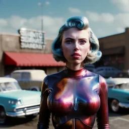 Ultra Realistic retro sci-fi movie Supermarket parking people scene, 1960 year, waist up view portrait, 1 blonde women and 1 octopus alien, sweet scarlet Johansson face, perfect iris, glow eyes, face makeup, tight latex coat. many people looking, Retro sci-fi style, soft color, highly detailed, unreal engine 5, ray tracing, RTX, lumen lighting, ultra detail, volumetric lighting, 3d, finely drawn, high definition, high resolution.