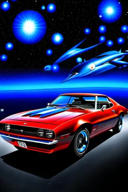 a deep blue 1971 426 hemi super bird with a scarlet red road runner decal on the spoiler sitting upon a white marble floor under an infinite star field with psychedelic fireworks exploding overhead