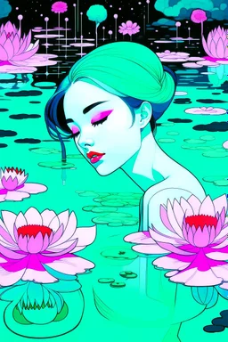 A green-haired woman facing upwards with a peaceful expression lies at the bottom of the pool, with lotus flowers floating on the water, one big moon in the background, reflection, loose strokes, dynamic lighting, digital art, art by james jean, takato yamamoto, inkpunk minimalism, 4k, concept art, illustrative