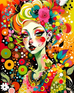 creative artistic modernist vibe, messy painterly, stylized illustration of a pale young woman with distinctive features, wearing a bold polka-dot outfit. She has extremely expressive eyes, sharp face, small nose and is adorned with oversized flowers in her hair. A delicate bird with intricate patterns is perched in her shoulder. bright accents color scheme with textured backgrounds. Overall style is painterly creative artistic modernist with a touch of whimsy vibe.