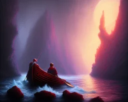 Charon the ferryman in his boat on the river Styx, red black purple colours, 8k, high definition, fantasy art, winding river, sharp jagged rocks, high contrast colours, sharp detail, lava river,