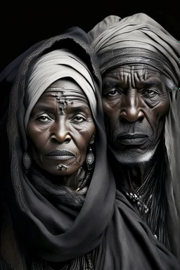 a photo of an Tuareg man and woman with ethnic jewelry, grey hair and grey flowing robe, in style of Annie Leibovitz, contemporary portrait of a mature yet beautiful and modernist, black and grey, detailed face, swirling fluid smokey enigma, award-winning artwork